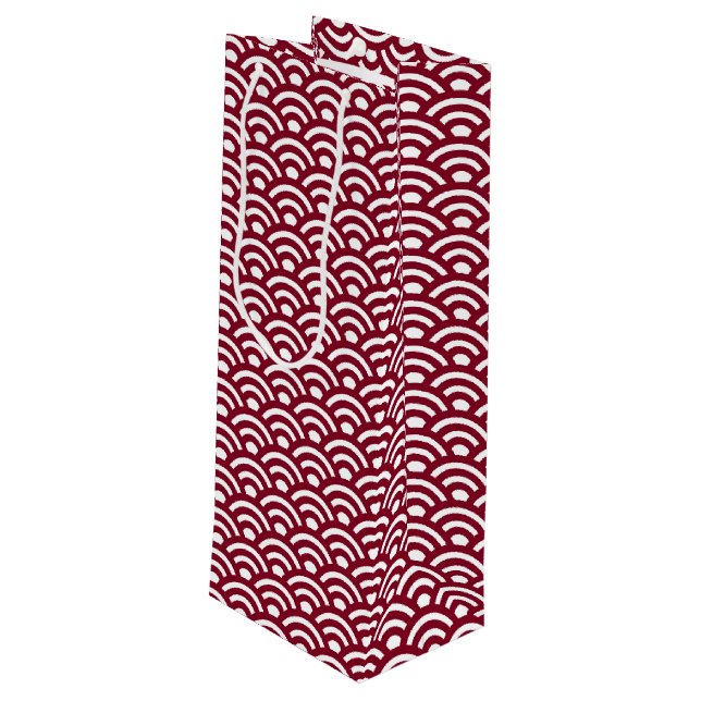 Sac Cadeau Pour Bouteille Seigaiha, Vagues, Japonais, Bourgogne et Blanc (Dos Angle)