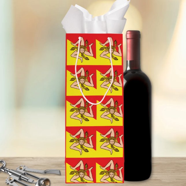 Sac Cadeau Pour Bouteille Sicilian Trinacria All-Over Flag Pattern Sicily (Flag of Sicily Trinacria Repeat Pattern Gift Bags - Three Sizes and wine Bag for Sicilian parties)