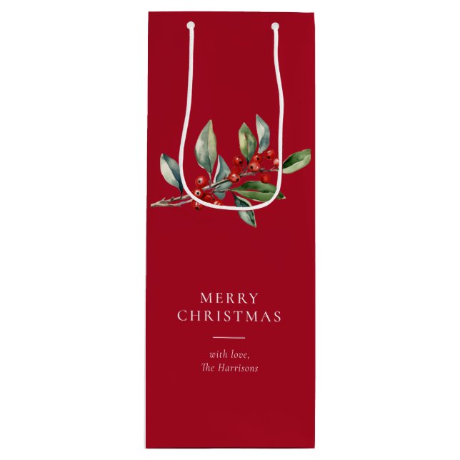 Sac Cadeau Pour Bouteille Simple élégante aquarelle de Noël Botanique (Devant)