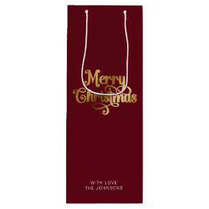 Sac Cadeau Pour Bouteille Simple rétro Script Red Gold Joyeux Noël