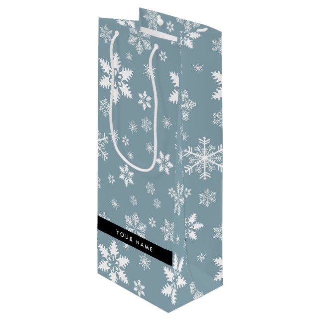 Sac Cadeau Pour Bouteille Snowflakes blanc, Grey, Votre nom, Personnaliser (Devant Angle)