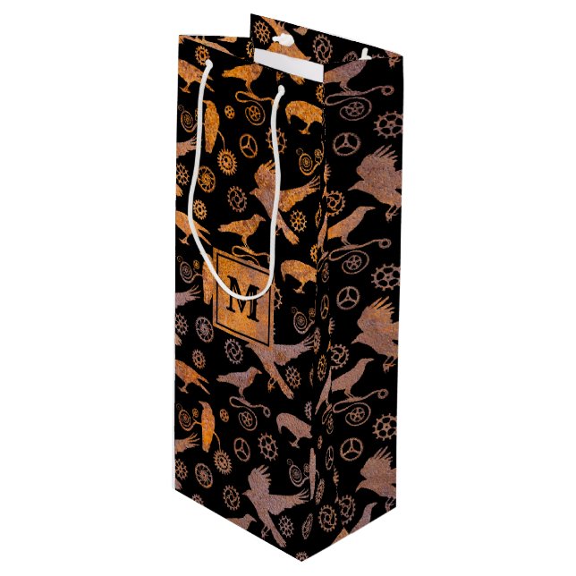 Sac Cadeau Pour Bouteille Steampunk Rusty Gears and Crows Monogram (Devant Angle)
