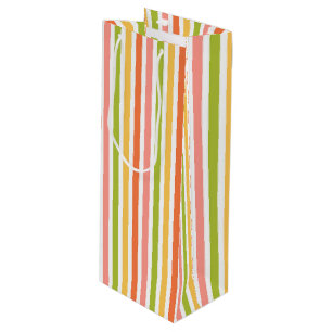 SAC CADEAU POUR BOUTEILLE STRIPES JAUNES ROSE VERTE