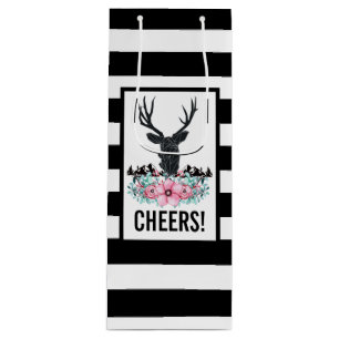 Sac Cadeau Pour Bouteille Tête de cerf noir avec Fleurs et Montagnes roses