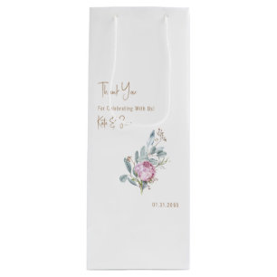 Sac Cadeau Pour Bouteille Texte rose Floral Or Mariage blanc