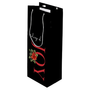 Sac Cadeau Pour Bouteille TIGES DE JOY RED CHRISTMAS POINSETTIA sur NOIR,