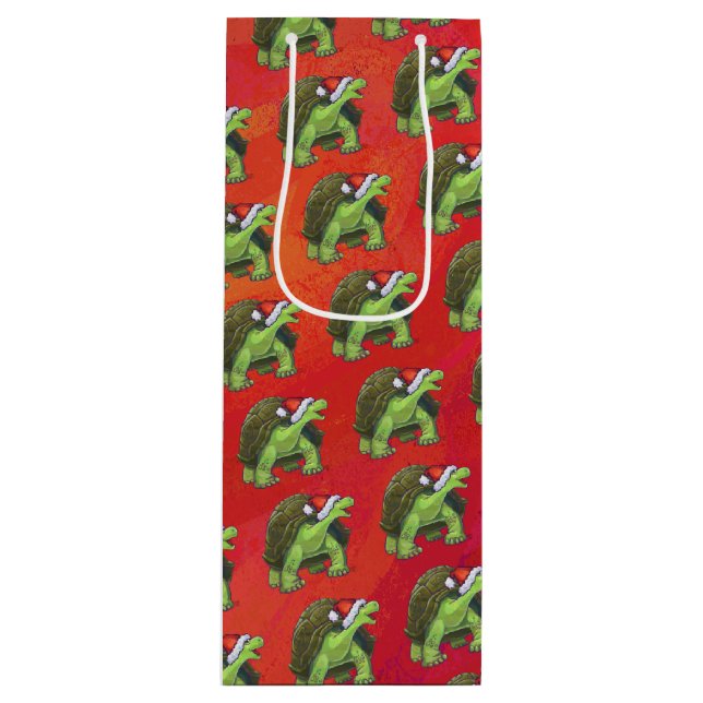 Sac Cadeau Pour Bouteille Tortoise Noël sur Rouge (Devant)