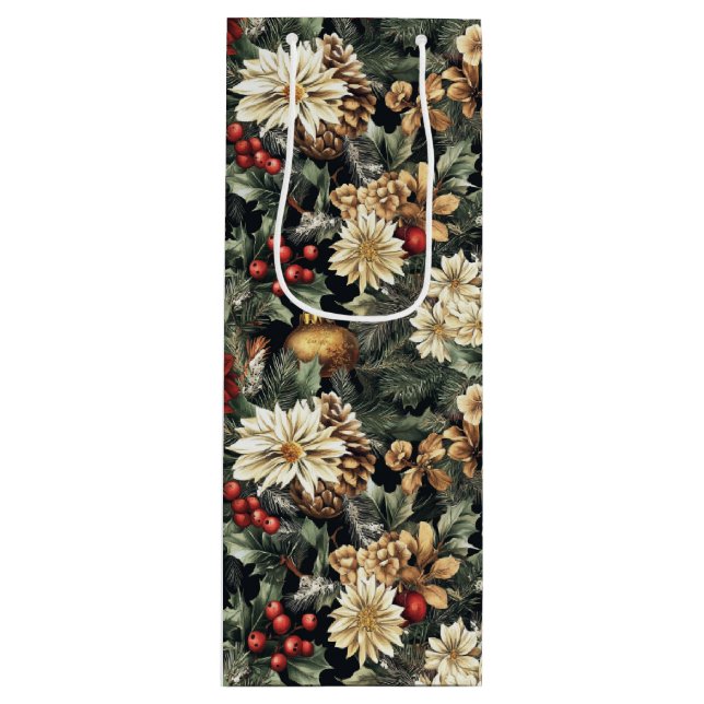 Sac Cadeau Pour Bouteille Traditional Christmas Pine Floral Holiday  (Devant)
