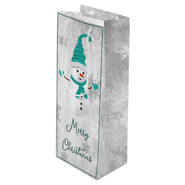 Sac Cadeau Pour Bouteille Turquoise Cute Snowman Vacances Vin Cadeau (Devant Angle)