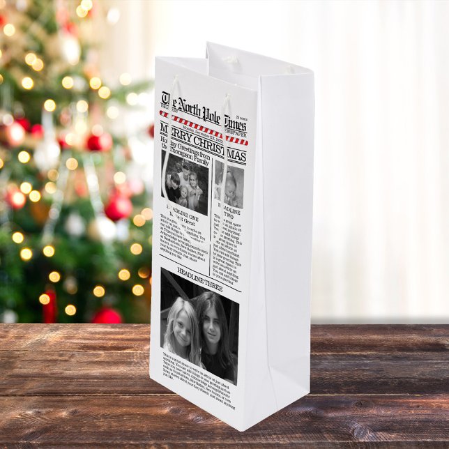 Sac Cadeau Pour Bouteille Typographie de Noël Journal (Simple and fun photo newspaper wine gift bag.)