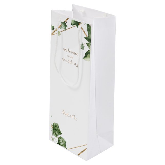 Sac Cadeau Pour Bouteille Verdure géométrique Bienvenue à notre Mariage Cust (Devant Angle)
