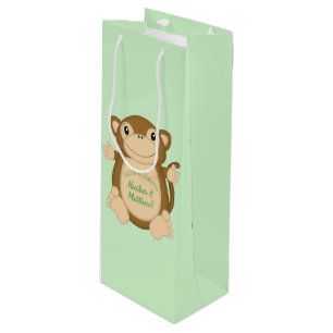 Sac Cadeau Pour Bouteille Vert Baby shower singe