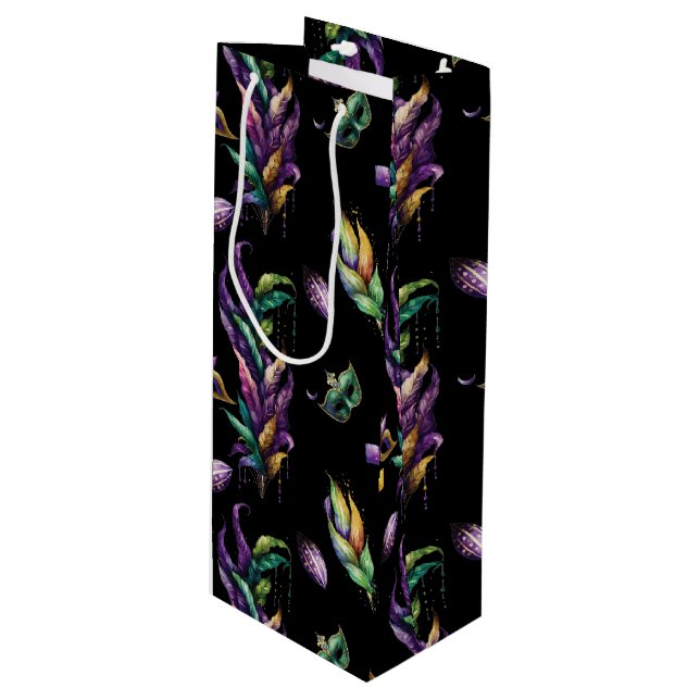 SAC CADEAU POUR BOUTEILLE VERT PURPLE OR MARDI GRAS MASQUES & FEATHERS (Devant Angle)