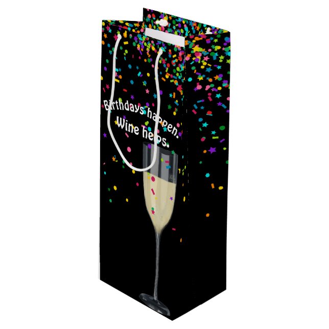 Sac Cadeau Pour Bouteille vin blanc avec confetti d'anniversaire (Devant Angle)