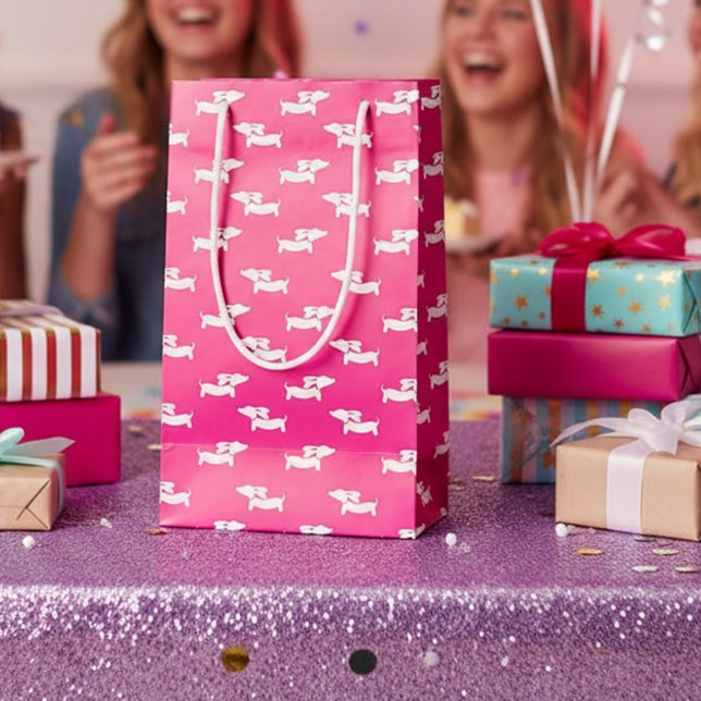Sac cadeau pour chien viennois rose pour fête de d (Pink dachshund party gift bag)