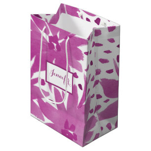 Sac cadeau rose à motif floral personnalisé moyen