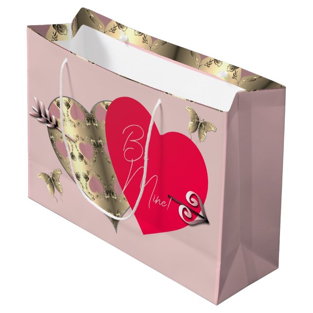 Sac Cadeau Rose rose et bronze Coeur Saint Valentin Grand (Devant Angle)