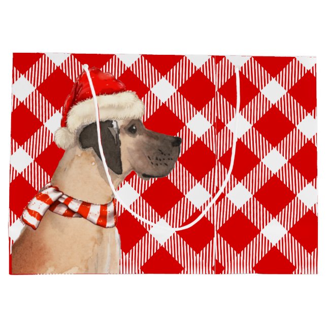 Sac Cadeau Rouge et blanc plaid avec grand chien Danois Noël (Dos)