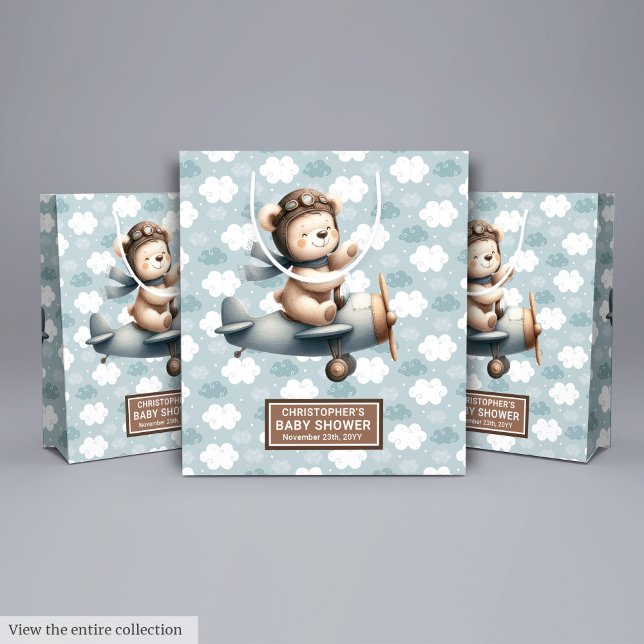 Sac Cadeau Rustique Baby shower Bleu Avec Pilote O (Rustic Blue Baby Shower Gift Bag With Bear Pilot)