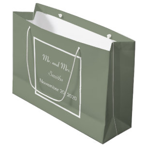 Sac Cadeau Simple Élégant Vert Sauge & Mariage Blanc Grand 