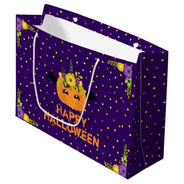 Sac Cadeau Unicorn Citrouille Happy Halloween violet grand ca (Devant Angle)