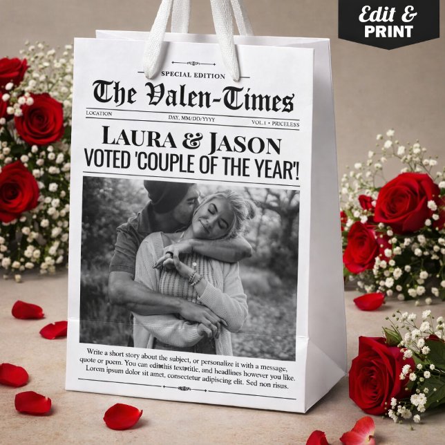 Sac cadeau Valentines, Sac cadeau Couple Newspaper (Valentines Gift Bag, Couple Newspaper Gift Bag)