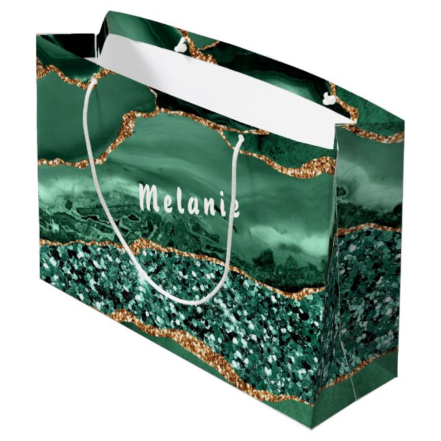 Sac Cadeau Votre Nom Marbre Vert Agate Paillettes  (Dos Angle)