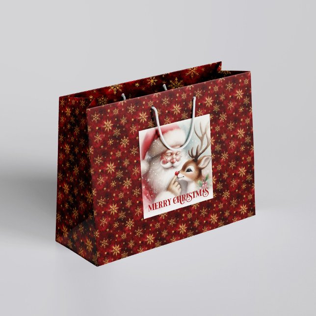 Sac classique de cadeau de Noël avec le Père Noël  (Classic Cute Santa and Rudolph Christmas Gift Bag)