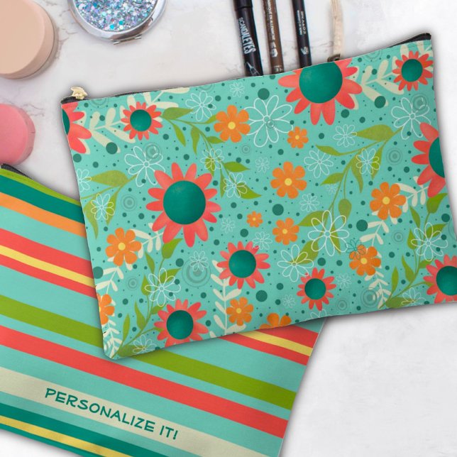 Sac cosmétique personnalisé turquoise à motif flor (Créateur téléchargé)