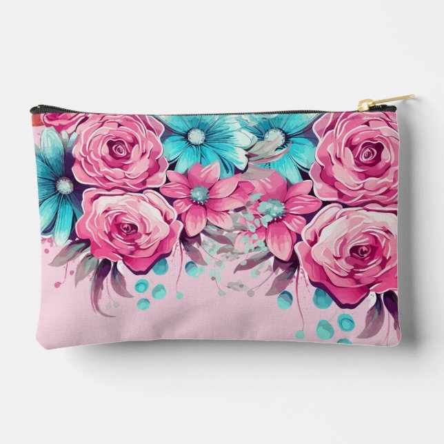 Sac d'accessoires floraux rose et Turquoise modern (Verso)