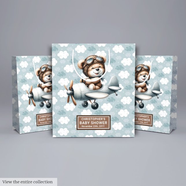 Sac de Baby shower personnalisé avec pilote d'ours (Personalized Baby Shower Bag With Blue Bear Pilot)