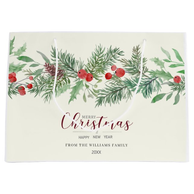 Sac de cadeau de Noël à motif de verdure aquarelle (Devant)