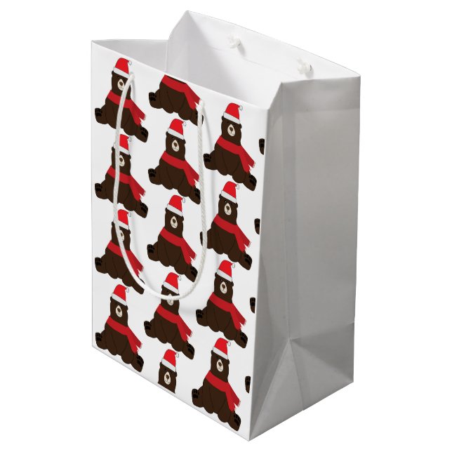 Sac de cadeau marron ours des fêtes d'hiver moyen  (Dos Angle)