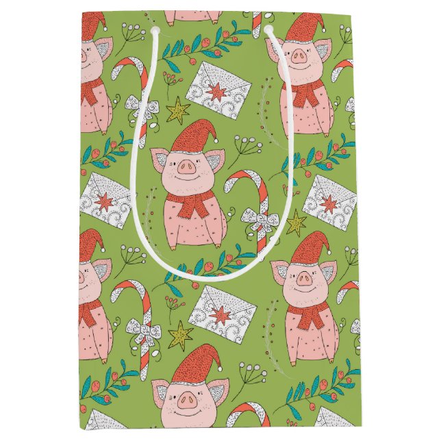 Sac de cadeau moyen cochons de Noël festifs (Devant)