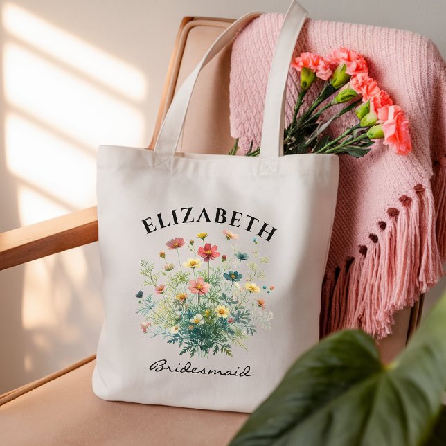 Sac de demoiselle d'honneur personnalisé aux fleur (bridesmaid tote bag, bridesmaid gift, watercolor floral tote, wildflower bridesmaid proposal bags,)