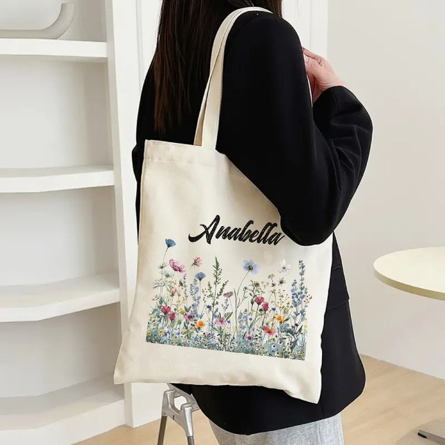 Sac de fleurs sauvages personnalisé pour anniversa (personalized name tote, bridesmaid gift, bridesmaid proposal tote, bridal shower gift, bachelorette)