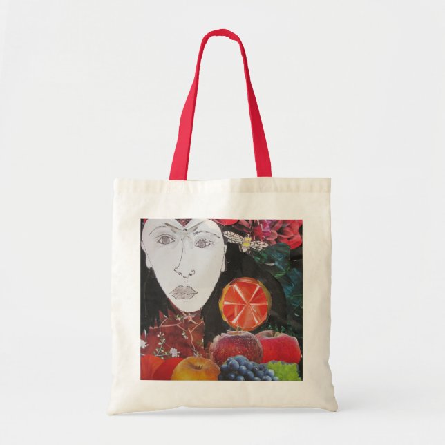 Sac de fruit, orange, pomme, raisins, visage (Devant)