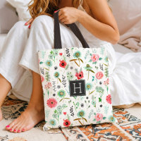 Sac de marché botanique à monogramme motif fleurs