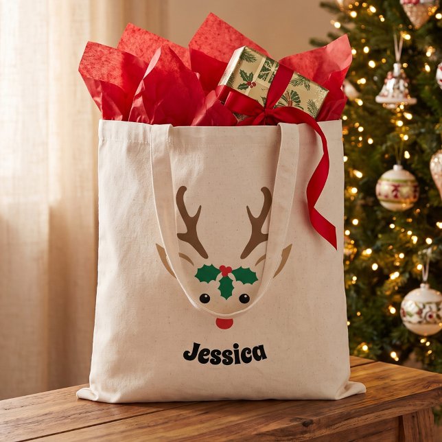 Sac de Noël personnalisé avec visage de renne mign (Créateur téléchargé)