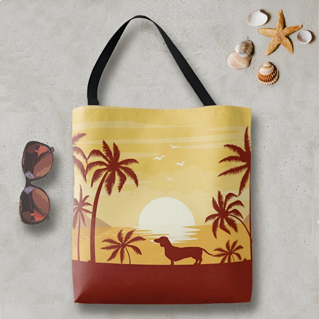 Sac de plage de Dachshund Palmiers couchés de sole (Dachshund sunset palm trees ocean beach bag for wiener dog mamas)