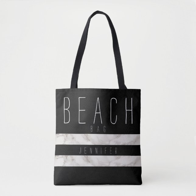 Sac de plage en noir et marbre avec nom (Devant)