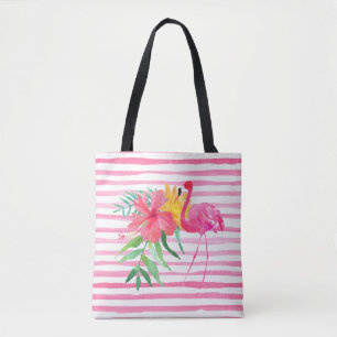 Sac de plage rose Flamant rose tropical Fleurs