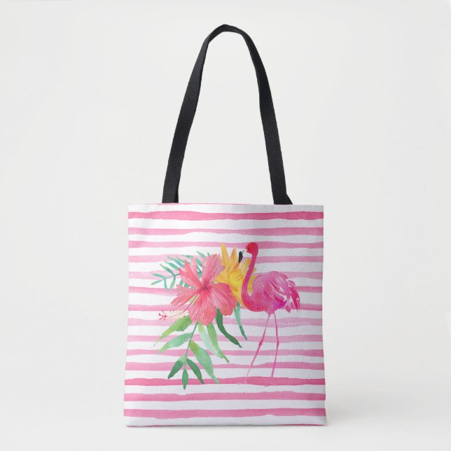 Sac de plage rose Flamant rose tropical Fleurs (Devant)
