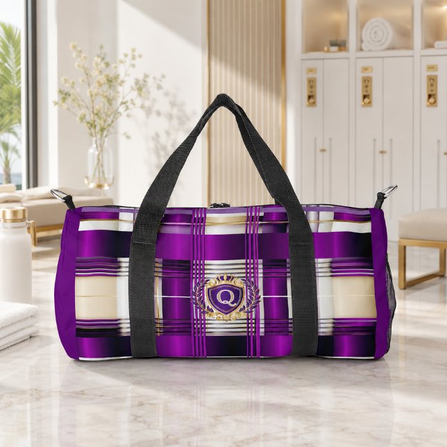 Sac de sport à monogramme à carreaux violets (Stylish Classic Plaid Duffle Bag)
