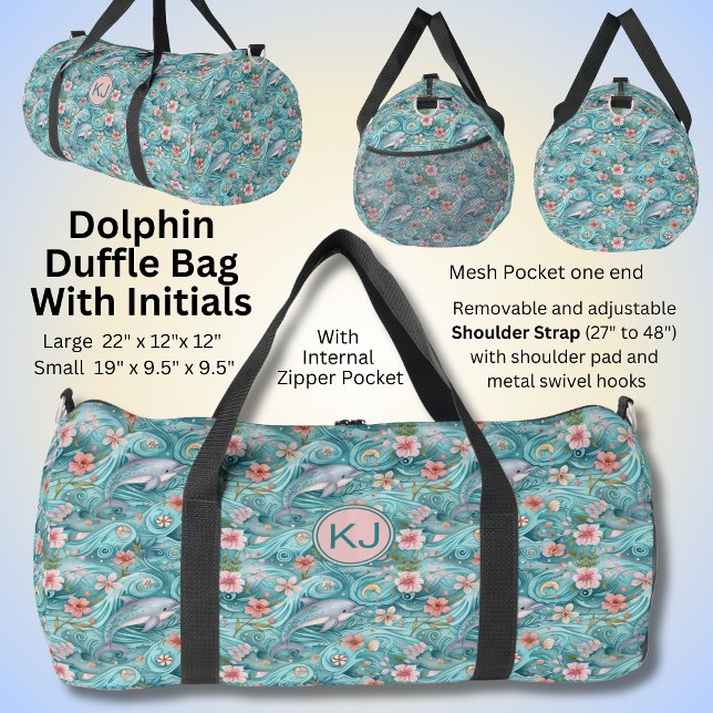 Sac De Sport Ajouter Initiales, Dauphins Bleus Aqua & Fleurs (Créateur téléchargé)