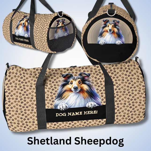 Sac De Sport Ajouter le nom du chien Votre nom, Shetland Sheepd (Créateur téléchargé)