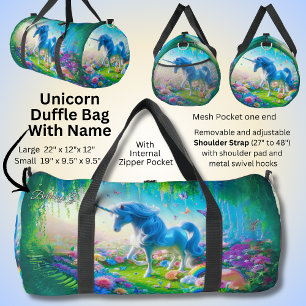 Sac De Sport Ajouter le nom Initial, Aqua Blue Unicorn on Green