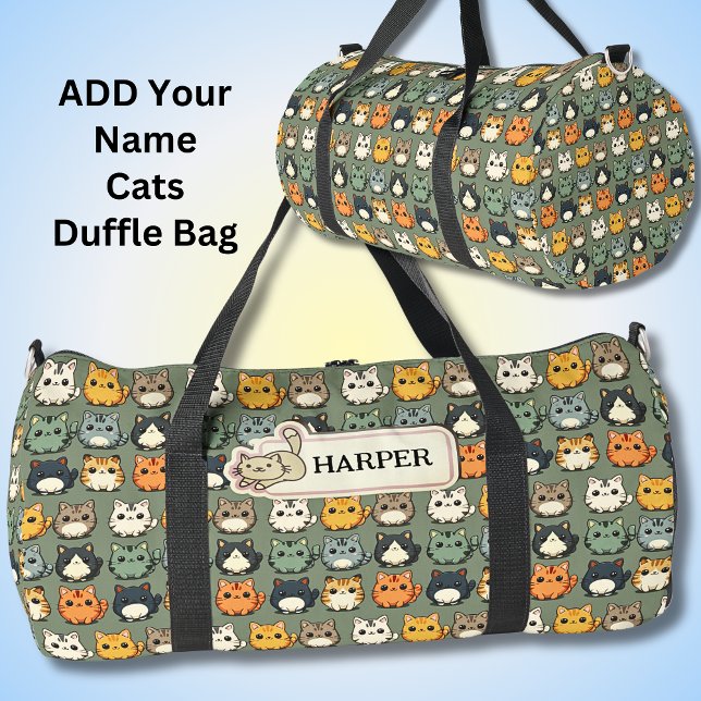 Sac De Sport Ajouter un nom, Cute Kawaii Chats sur Vert (Créateur téléchargé)