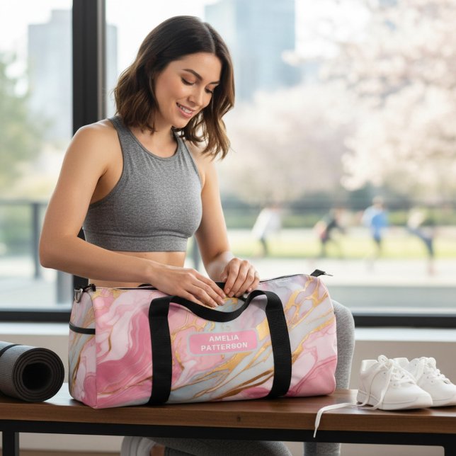 Sac De Sport Aquarelle Motif en marbre liquide Nom personnalisé (Créateur téléchargé)