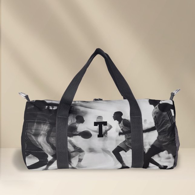 Sac De Sport Basket-ball monogramme noir et blanc (Personalized Monogram, Black and white Sport, basketball Duffel Bag.)